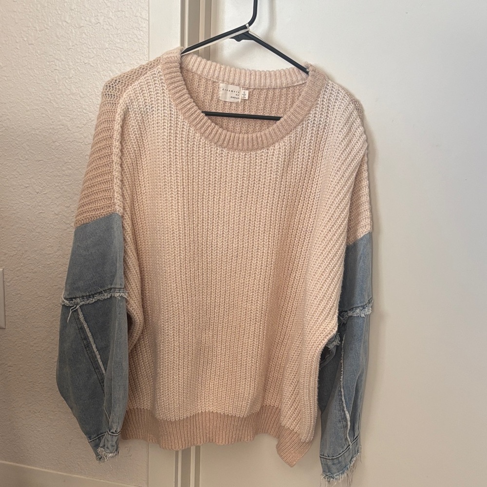 Beige Knit Sweater with Denim Sleeves
